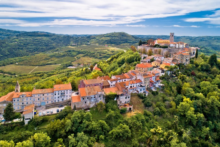 An aerial view of Motovun and the Mirna River Valley in Istria, Croatia..